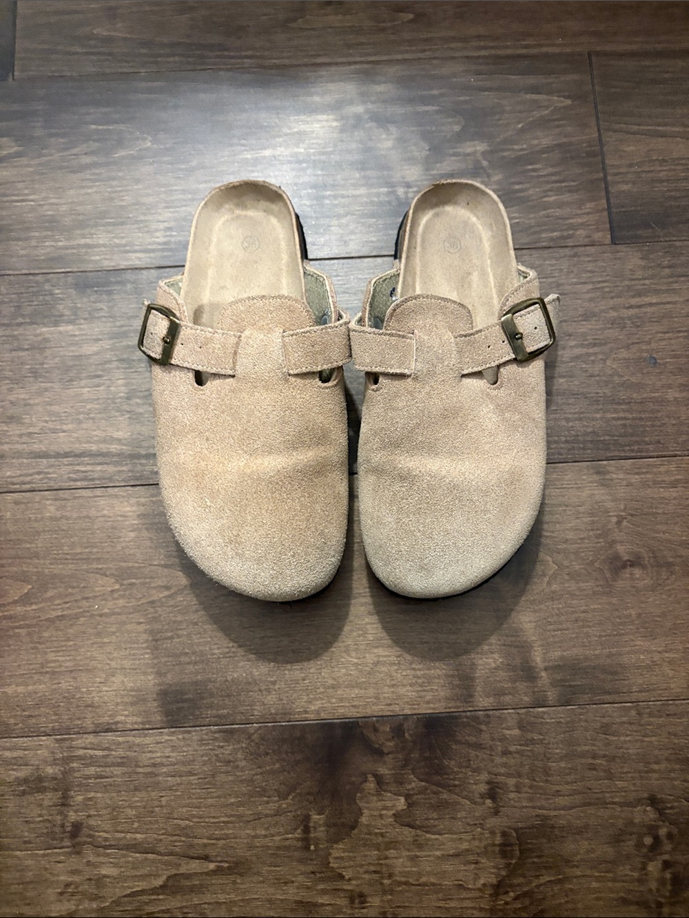 Beige Suede Buckle Clog Slides
